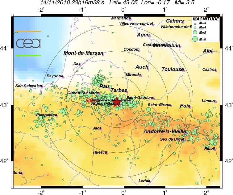 L'activité sismique récente en Pyrénées atlantiques. Une série de quatre secousses ayant une magnitude 4,0 avec un épicentre situé à quelques kilomètres d'Argelès-Gazost. © BCSF