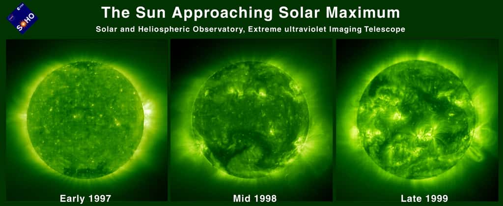 Trois images prises par Soho, dans la bande du fer (XII), à l'approche du maximum solaire de 2000. La couronne, hérissée d'éjections de matière, est bien visible. © Soho, Esa, Nasa