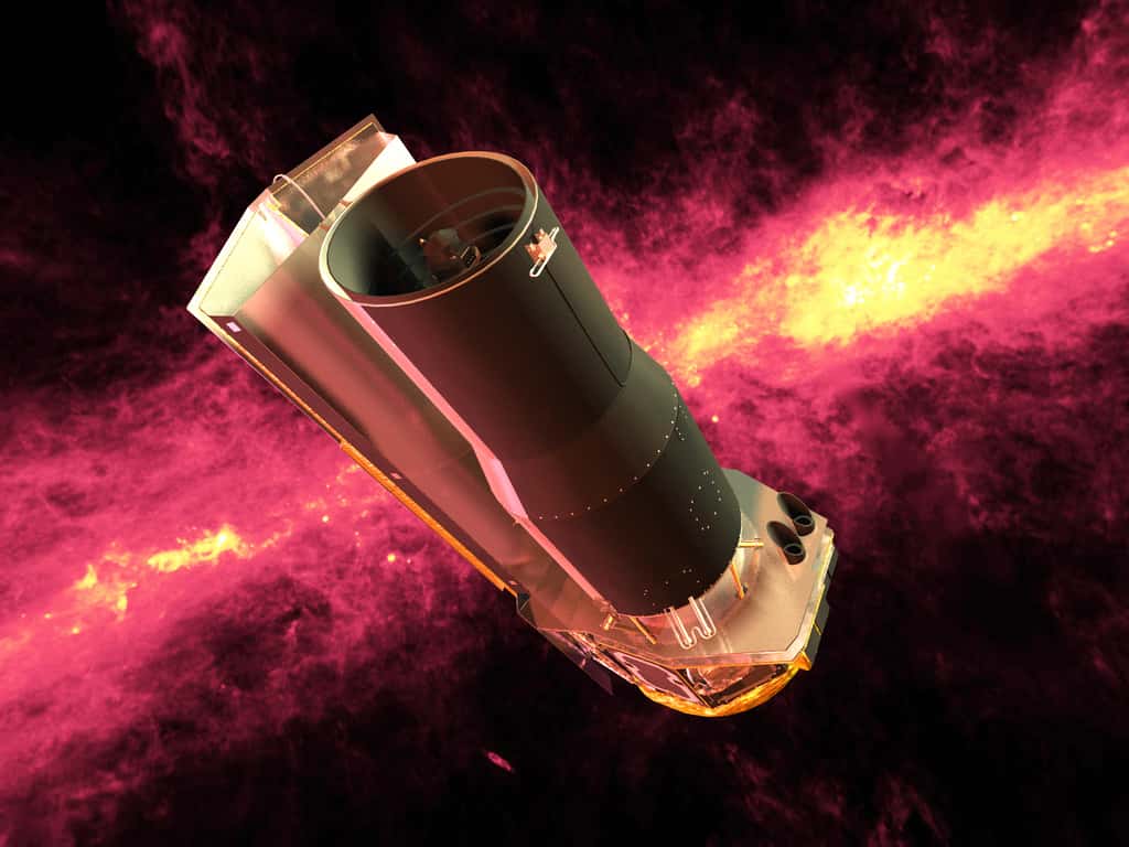 L’équipe de l<em>’International Centre for Radio Astronomy Research</em> s’est appuyée sur les données fournies par plusieurs instruments astronomiques pour arriver à mesurer avec précision le fond diffus extragalactique. Ici, une vue d’artiste du télescope spatial Spitzer sur fond de Voie lactée. © Nasa, JPL-Caltech, DP
