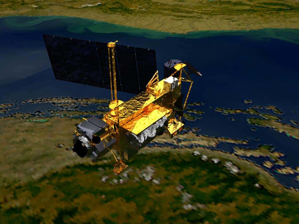 Vue d’artiste du satellite UARS (<em>Upper Atmosphere Research Satellite</em>), un engin de 6 tonnes qui a permis de mieux comprendre la stratosphère. © Nasa