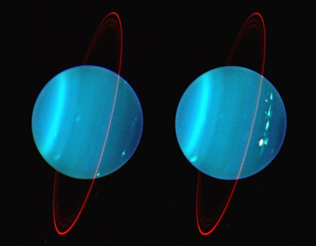 Image infrarouge prise depuis le télescope Keck II équipé d'optique adaptative, et reproduite en fausses couleurs où le bleu, le vert et le rouge représentent 1,26, 1,62 et 2,1 microns de longueur d'onde. Crédit : L. Sromovsky, Univ. Wisconsin, Keck obs.