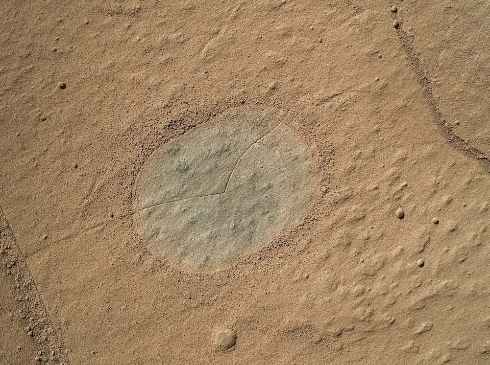 La caméra Mahli (<em>Mars Hand Lens Imager</em>) de Curiosity a photographié la surface de Windjana, dépoussiérée par une brosse, le 26 avril (sol 612). Un forage par le rover y est prévu. © Nasa, JPL-Caltech, MSSS