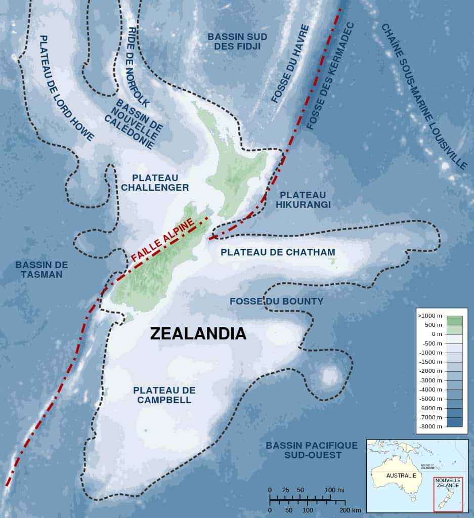Une partie de la topographie et de la géologie de Zealandia. © Sémhur, Wikimedia Commons