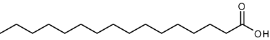 Un acide gras saturé est un acide gras ayant des atomes de carbone totalement saturés en hydrogène. On en trouve notamment dans les graisses animales, mais aussi dans l'huile de coco et de palme. L’acide palmitique (C<sub>16</sub>), représenté ici, en est un exemple. Chaque segment du zigzag (à part aux deux extrémités) représente une liaison simple entre deux atomes de carbone, également liés à deux atomes d'hydrogène, non figurés. © Foobar, Wikimedia Commons, cc by sa 3.0