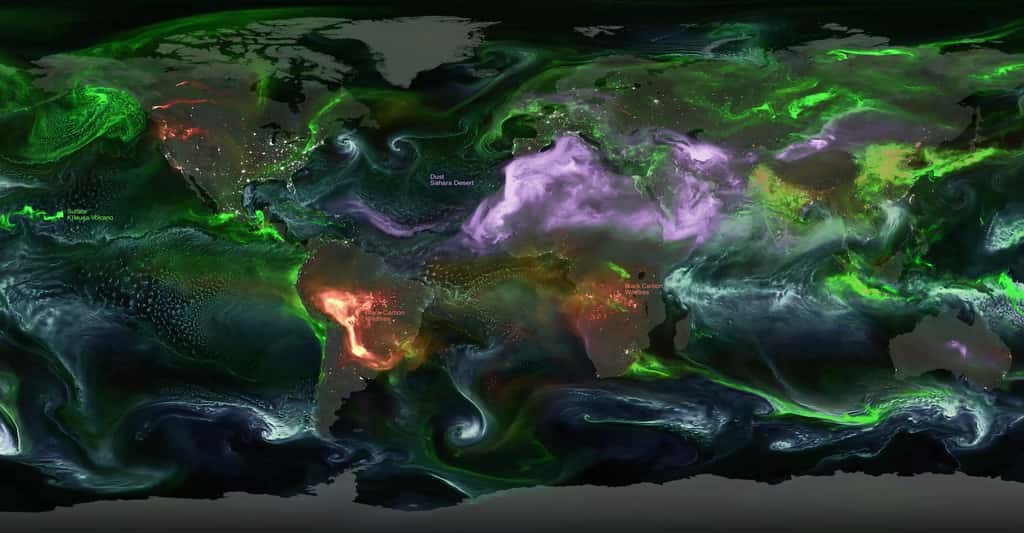 Un arrêt sur image de la situation des aérosols dans notre atmosphère durant l’été 2024. © NASA’s Global Modeling and Assimilation Office ; NASA's Scientific Visualization Studio