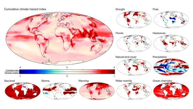 D’ici la fin du siècle, certaines régions du monde pourraient avoir à faire face à des catastrophes climatiques multiples. Sur cette illustration, une carte présentant les probabilités d’occurrence de plusieurs aléas simultanés parmi les sécheresses (<em>drought</em>), les incendies (<em>fires</em>), les inondations (<em>floods</em>), les vagues de chaleur (<em>heatwaves</em>), les précipitations, les tempêtes (<em>storms</em>), la montée du niveau de la mer (<em>sea level</em>), la hausse des températures (<em>warming</em>), pénuries d’eau (<em>water scarcity</em>), acidification des océans (<em>ocean chemistry</em>) ou encore la couverture naturelle des sols (<em>natural land cover</em>). © Université d’Hawaï