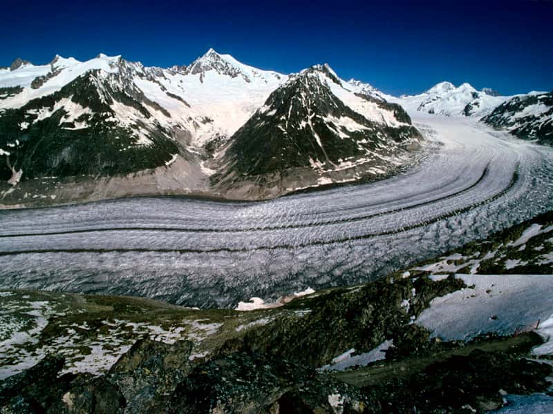 Le glacier Aletsch, dans le canton du Valais, le plus grand glacier alpin, vu de l’Eggishorn. Lui et les deux autres glaciers de la région (Oberaletschgletscher et Mittelaletschgletscher) contiennent 24% du volume de glace de la Suisse. © F. Funk-Salamì, ETH