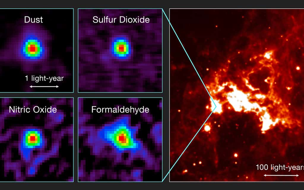 Sur cette image composite figurent les observations du tout premier noyau moléculaire chaud détecté par Alma à l’extérieur de la Voie lactée (à gauche), ainsi qu’une vue de cette région du ciel en lumière infrarouge (à droite). Plus précisément, sur les figures de gauche, sont visibles les distributions de raies moléculaires émises par un noyau moléculaire chaud du Grand Nuage de Magellan et détectées par Alma. À titre d’exemples figurent les émissions de la poussière (<em>Dust</em>, en anglais sur l'image), du dioxyde de soufre (<em>Sulfur Dioxide</em>), du monoxyde d’azote (<em>Nitric Oxide</em>) et du formaldéhyde (<em>Formaldehyde</em>). La figure de droite est une vue infrarouge de la région de la formation stellaire environnante (obtenue à partir de données acquises par le télescope spatial Spitzer de la Nasa). © T. Shimonishi, <em>Tohoku University</em>, Alma (ESO/NAOJ/NRAO)