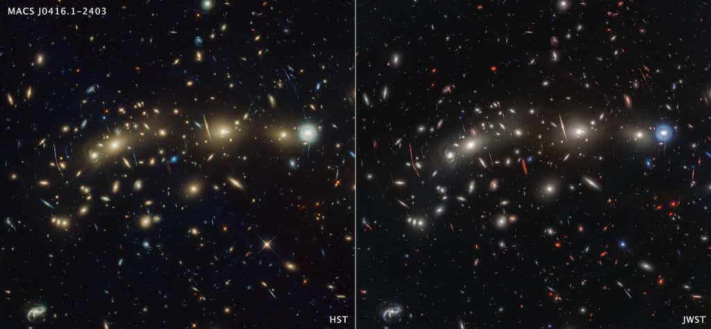 Ici côte à côte, l’amas de galaxies MACS0416 vu par le télescope spatial Hubble en lumière optique (à gauche) et le télescope spatial James-Webb (JWST) en lumière infrarouge (à droite). Les deux images présentent des centaines de galaxies, mais l’image JWST montre des galaxies invisibles ou à peine visibles sur l’image d'Hubble. Car la vision infrarouge du JWST peut détecter des galaxies plus lointaines ou plus poussiéreuses. Le temps d’exposition total pour Webb était d’environ 22 heures, contre 122 heures pour l’image de Hubble. © Nasa, ESA, ASC, STScI