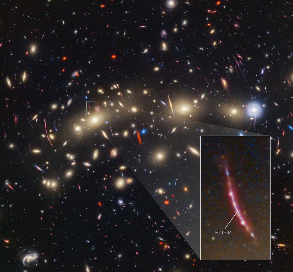 Cette image de l’amas de galaxies MACS0416 met en évidence une galaxie particulière à lentille gravitationnelle, qui existait environ 3 milliards d’années après le big bang. Cette galaxie contient un objet transitoire surnommé « Mothra ». © Nasa, ESA, CSA, STScI, J. Diego (<em>Instituto de Física de Cantabria</em>, Espagne), J. D’Silva (<em>U. Western Australia</em>), A. Koekemoer (STScI), J. Summers & R. Windhorst (ASU) et H. Yan (Université du Missouri).
