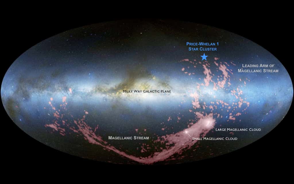 Le nouvel amas de jeunes étoiles identifié par Adrian Price-Whelan se trouve à la périphérie de la Voie lactée (étoile bleue). Ces étoiles se sont probablement formées à partir de matériaux provenant des galaxies naines voisines, les nuages de Magellan. © David Nidever, Nasa