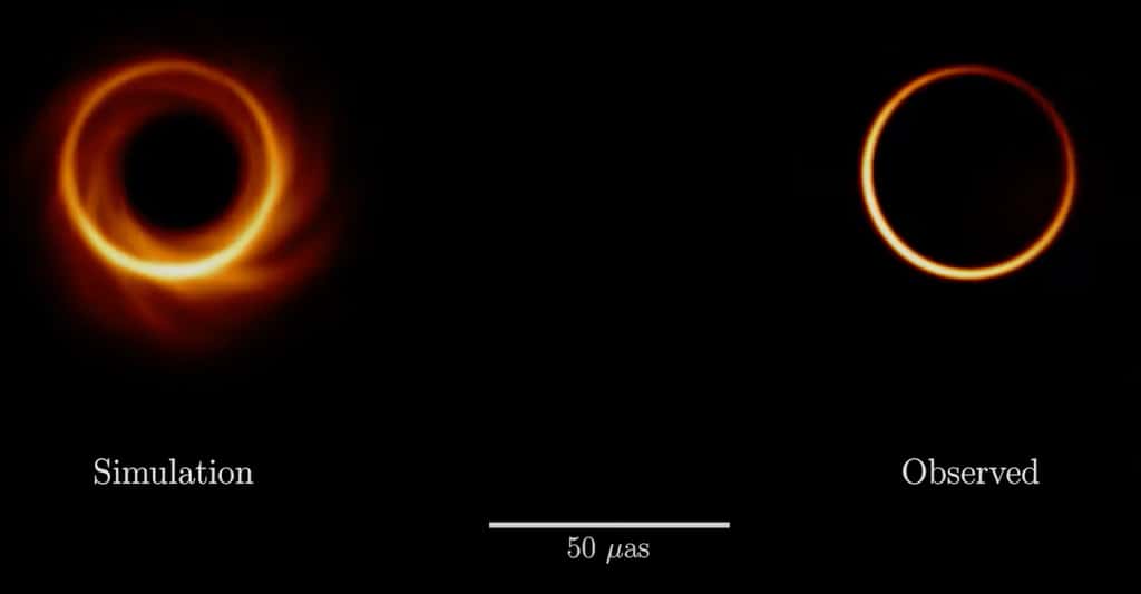 Ce que les chercheurs de l’université de Waterloo (Canada) ont tiré des données de l’<em>Event Horizon Telescope</em> (ETH) correspond plutôt bien aux simulations théoriques décrivant l’apparence des trous noirs supermassifs, comme celui au centre de la galaxie M87. © Université de Waterloo