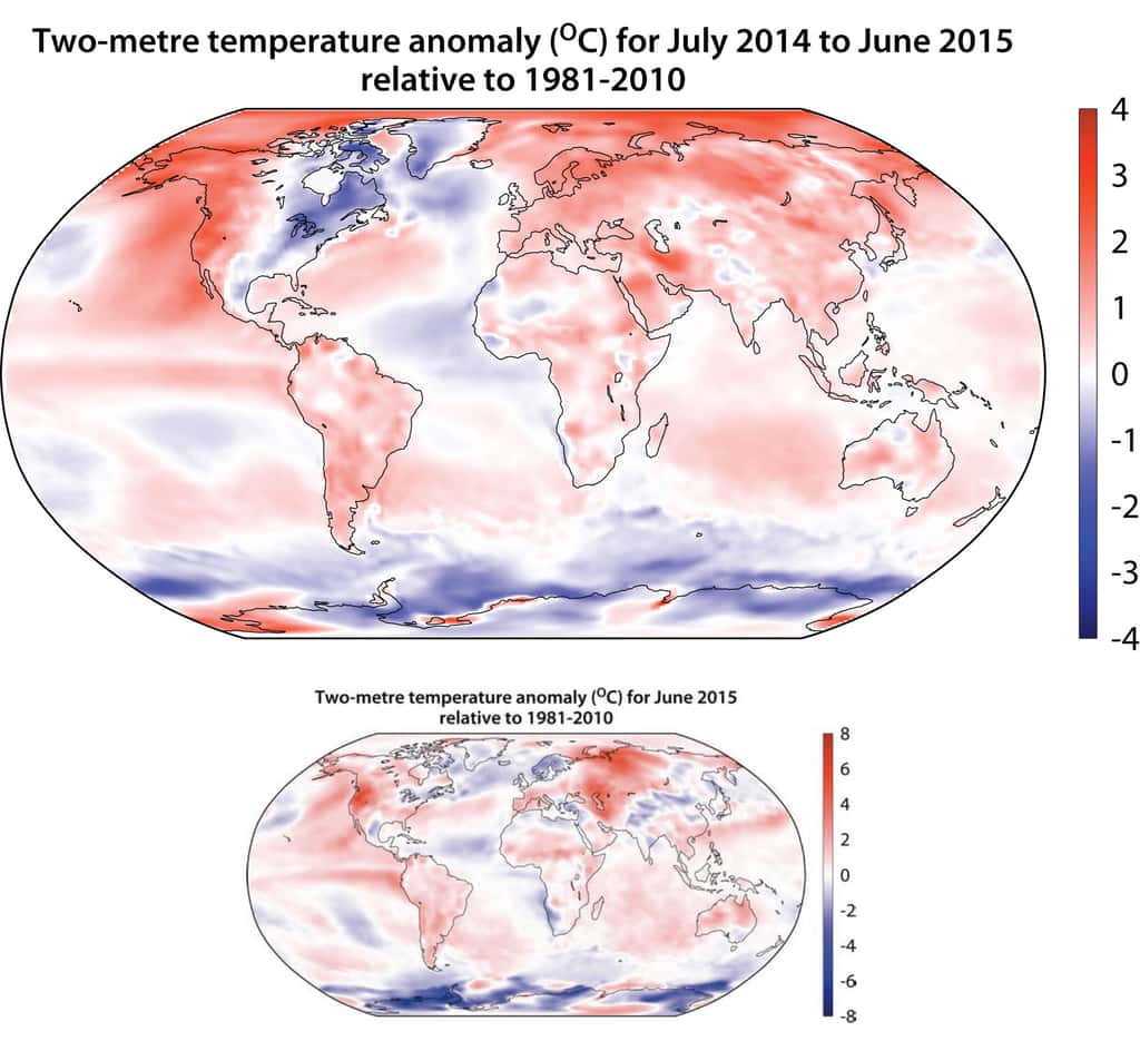 Cartes des anomalies de températures pour la période allant de juillet 2014 à juin 2015 par rapport à la période 1981-2010. © C3S/Copernicus data