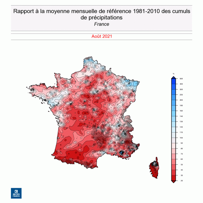 En ce mois d’août 2021, les cumuls de précipitation se situent généralement bien en dessous de la normale. © Météo France