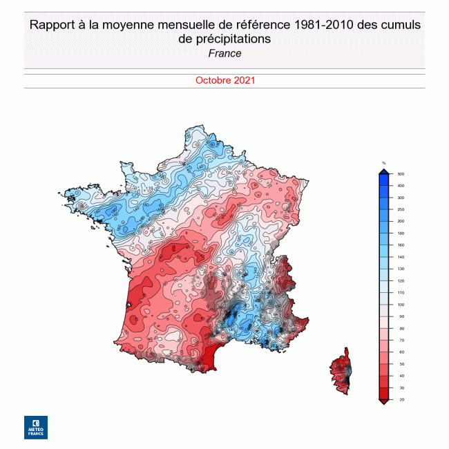 Sur une grande partie du pays, le déficit de précipitations en ce mois d’octobre 2021 a été supérieur à 50 %. © Météo France