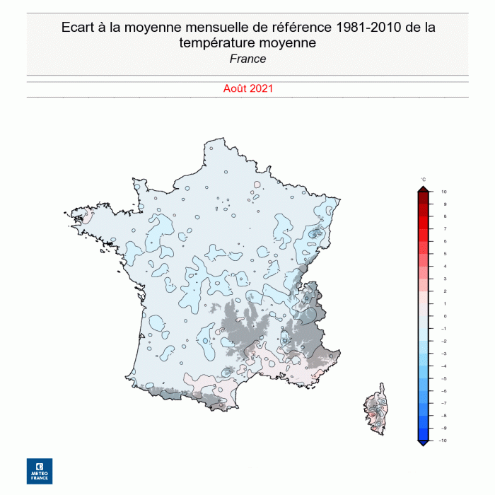 Cette carte montre bien que la grande majorité du pays a connu un mois d’août plus frais que la normale. © Météo France