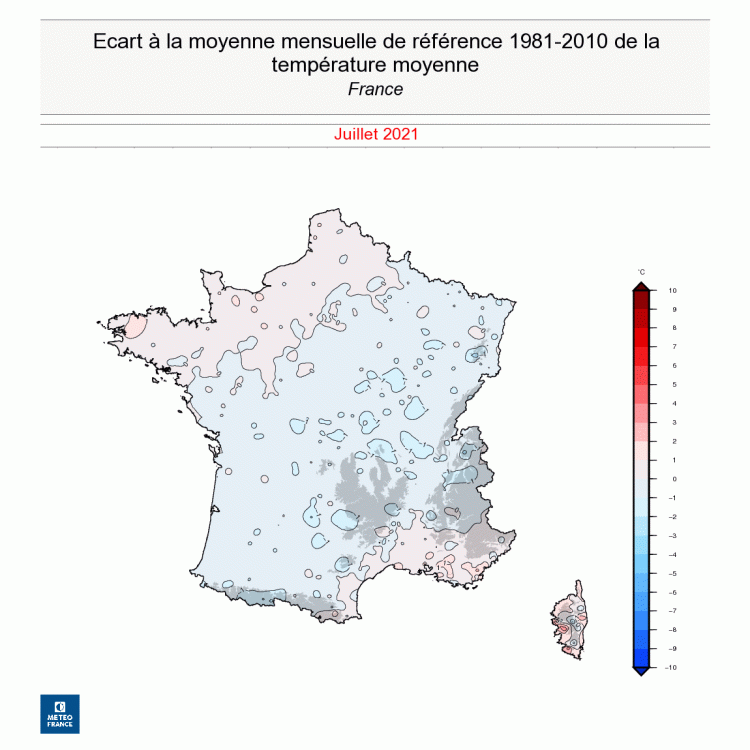 Cette carte montre comment le Nord-Ouest et le Sud-Est ont connu un mois de juillet 2021 plus chaud que la normale alors que le reste du pays subissait des températures fraîches pour la saison. © Météo France