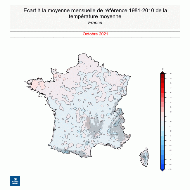 En ce mois d’octobre 2021, c’est dans le nord-ouest de la France qu’il a fait le plus chaud. © Météo France