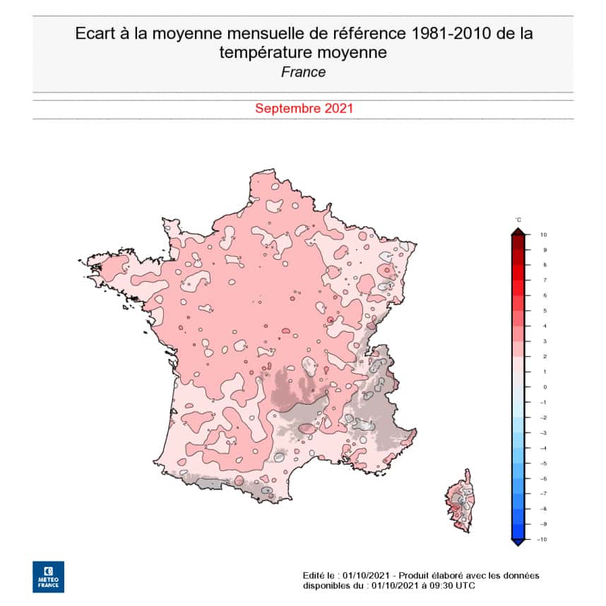 Sur cette carte, on découvre une température au-dessus des normales, assez uniformément répartie sur l’ensemble du pays pour ce mois de septembre 2021. © Météo France