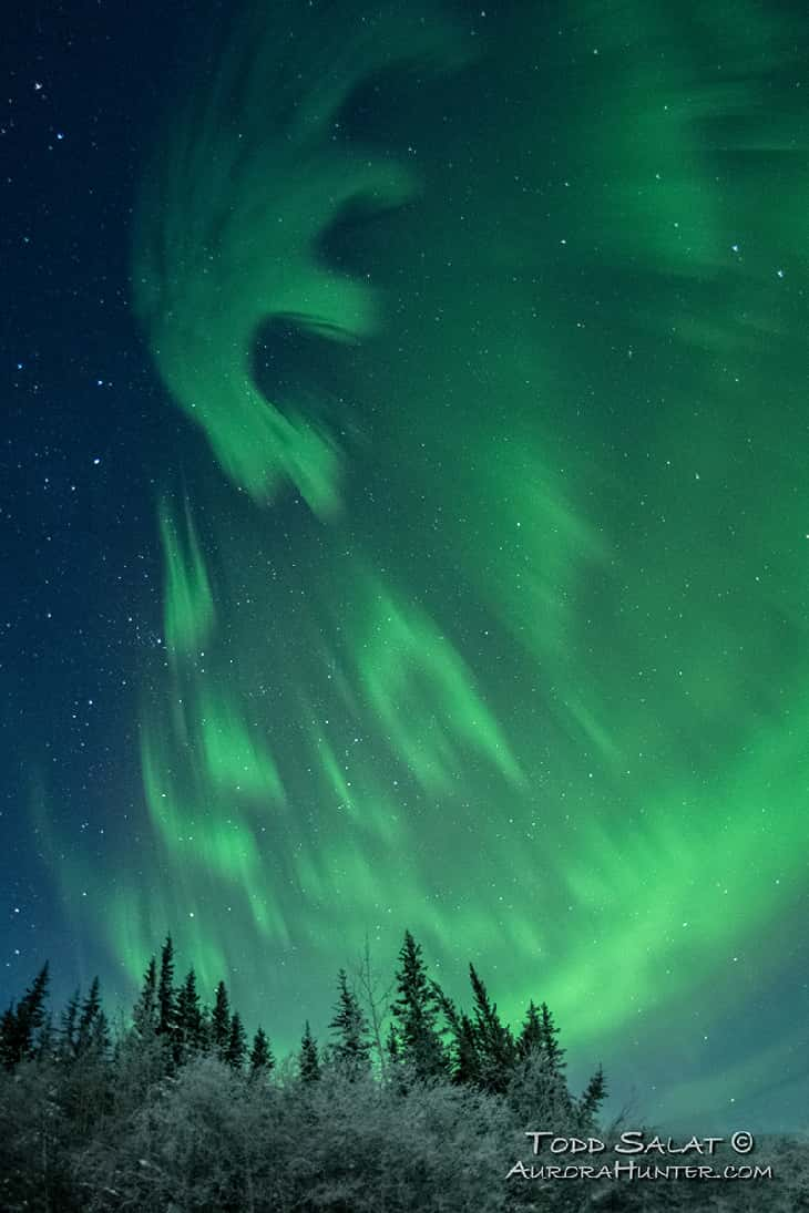 Le cliché pris par Todd Salat en Alaska, ce vendredi 22 novembre 2024. Les aurores noires sont visibles en haut et dessinent une sorte de « E » dans la lueur verte de l’aurore boréale classique. © Todd Salat, aurorahunter.com