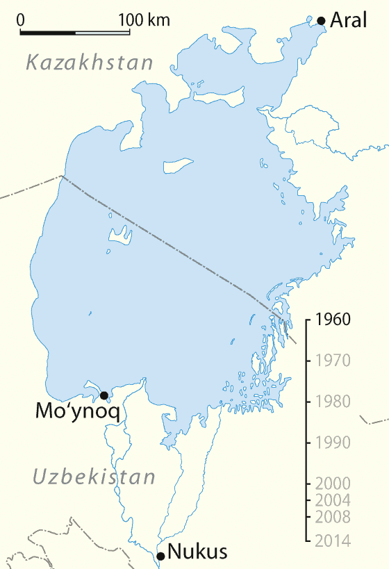 Évolution de l'assèchement de la mer d'Aral, entre 1960 et 2014. © NordNordWest, Wikimedia Commons, CC by-sa 3.0