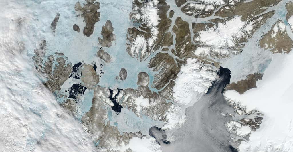 Des chercheurs de l’université de Toronto (Canada) ont étudié les arches de glace — ici en forme de « u » inversé — qui se forment dans le détroit de Nares, dans « la dernière zone de glace » de l’Arctique. © MODIS Land Rapid Response Team, NASA GSFC