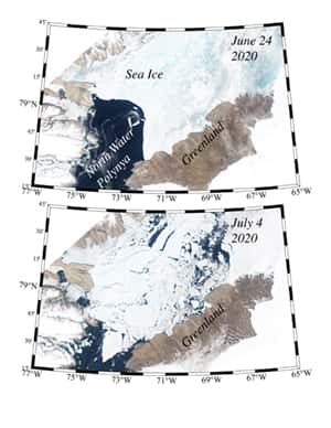 Sur ces images, l’arche de glace qui s’est formée au sud du détroit de Nares en 2020. En haut, l’arche retient la glace de mer. En bas, la glace s’écoule vers le sud après l’effondrement de l’arche. © ESA