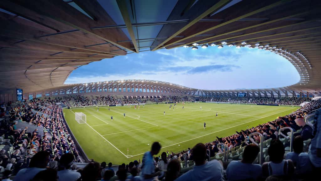Le premier stade au monde construit en bois. © Courtesy of Zaha Hadid Architects, Negativ