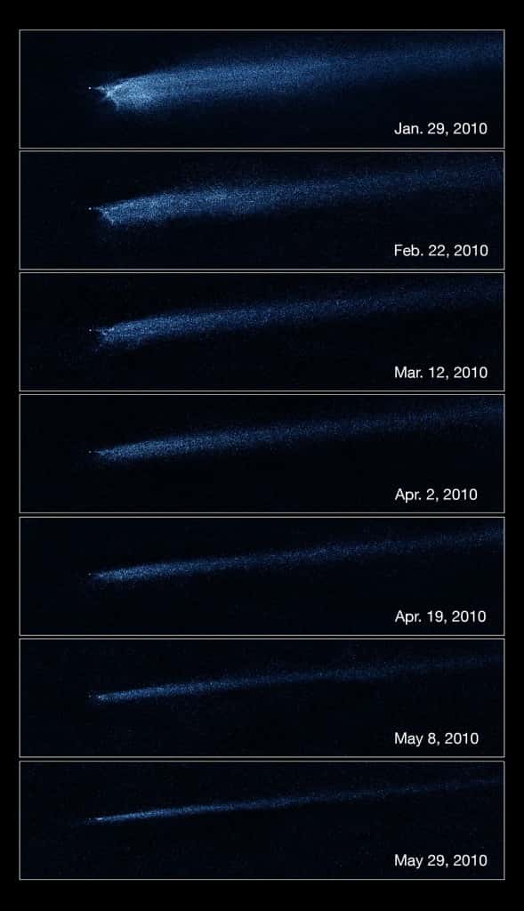 Observée sur plusieurs mois par le télescope Hubble, la queue de débris de P/2010 A2 se modifie lentement sous l'action du vent solaire. © Nasa/Esa/D. Jewitt (UCLA)
