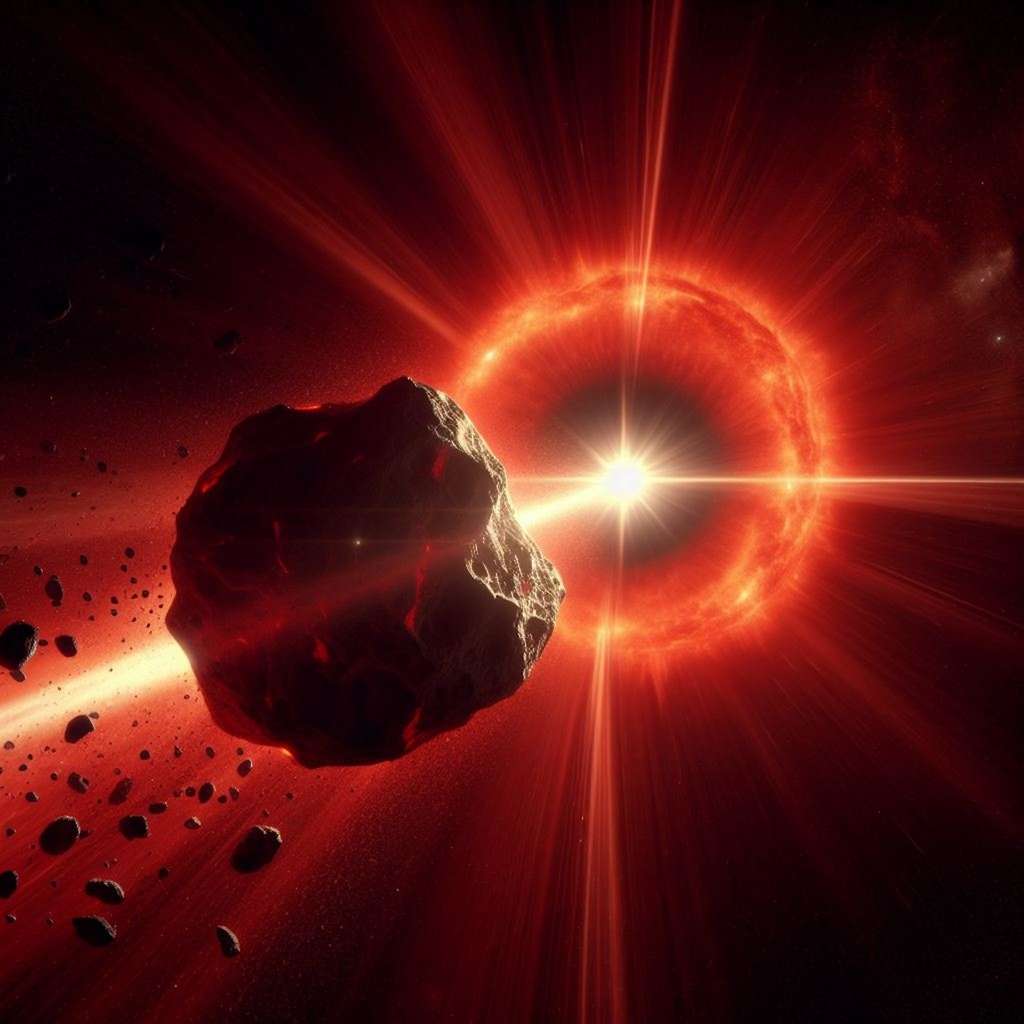 Actuellement, il donne l’impression de foncer droit sur Bételgeuse. Mais dans la réalité, le 12 décembre 2023, l’astéroïde (319) Leona passera juste entre l’étoile supergéante rouge et la Terre. Un événement qui reste exceptionnel. © Microscoft Bing, Créateur d’image DALL-E 3