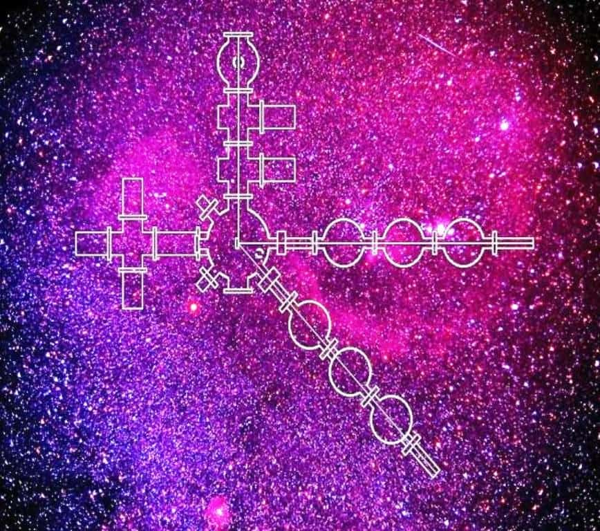 Cette image est un symbole possible des travaux d'astrochimie en laboratoire sur Terre. Le schéma d'un dispositif de l'un de ces laboratoires se voit avec en arrière-plan une photo en fausses couleurs d'un nuage moléculaire. © Gianfranco Vidali
