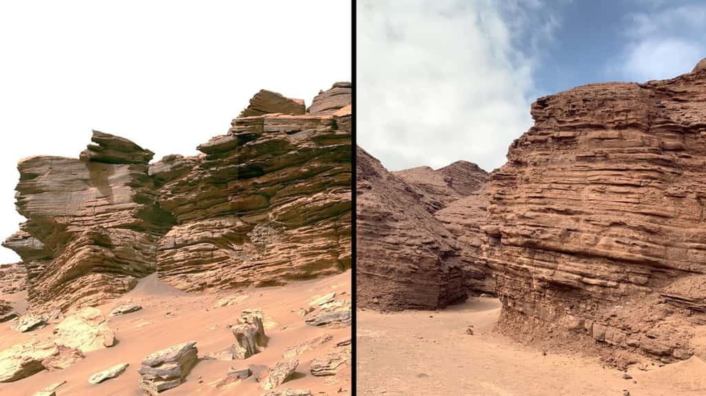À gauche, une image du cratère Jezero dans lequel évolue le rover de la Nasa Perseverance. À droite, une photo de Red Stone, la région du désert d’Atacama dans laquelle les chercheurs de l’université Cornell (États-Unis) ont travaillé. La ressemblance est flagrante. © Photo de Mars : Nasa, JPL-Caltech ; photo d’Atacama : Armando Azua-Bustos, Center of Astrobiology