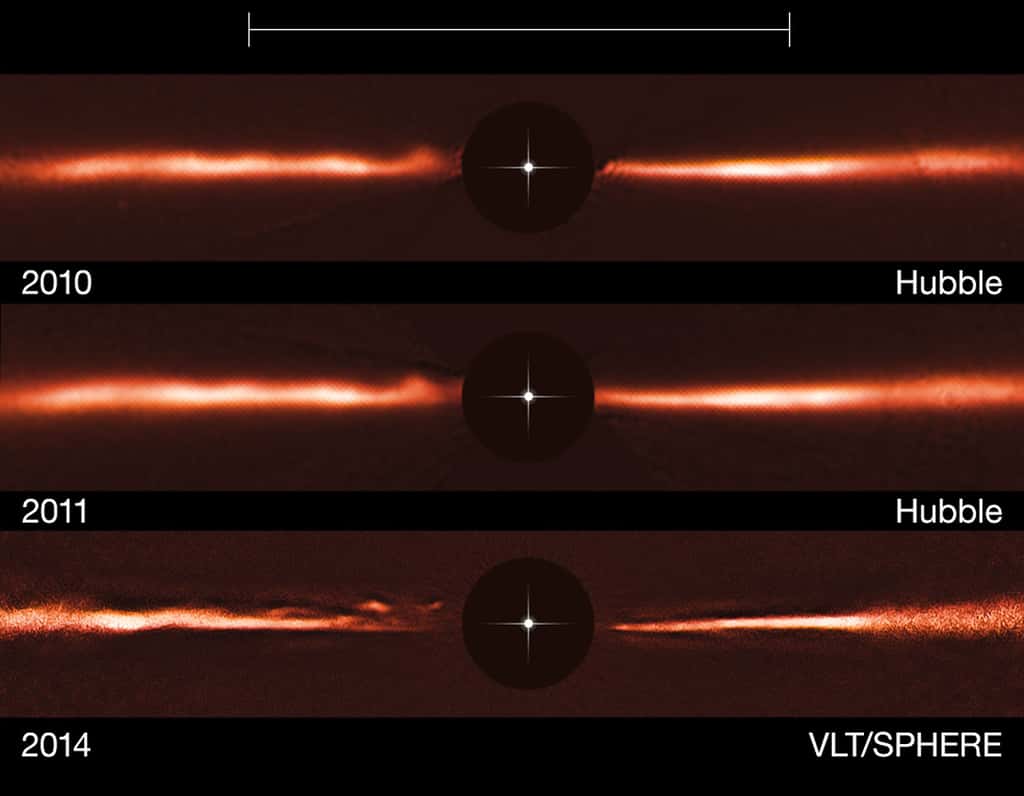 En haut, figure une image du disque de la très jeune étoile AU Microscopii acquise par Hubble en 2010. Au centre, une autre image prise cette fois en 2011 par le télescope spatial. En bas, les données de l'instrument Sphere, du VLT, recueillies en 2014. Le rond noir central indique la région où l'intensité de l’étoile a été atténuée afin de visualiser le disque de poussière, nettement moins lumineux. © Eso, Nasa, Esa