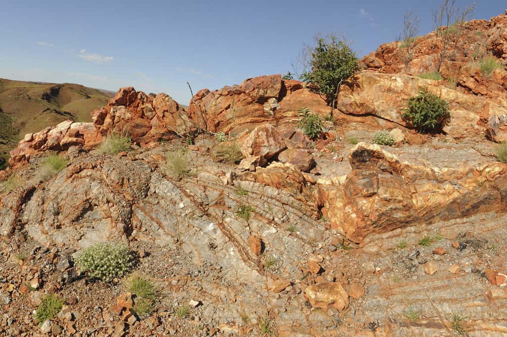  Les roches où se cachent peut-être les plus anciennes traces de vie sur les continents émergés. Elles se trouvent à Pilbara en Australie. © Kathy Campbell, <em>University of New South Wales</em>