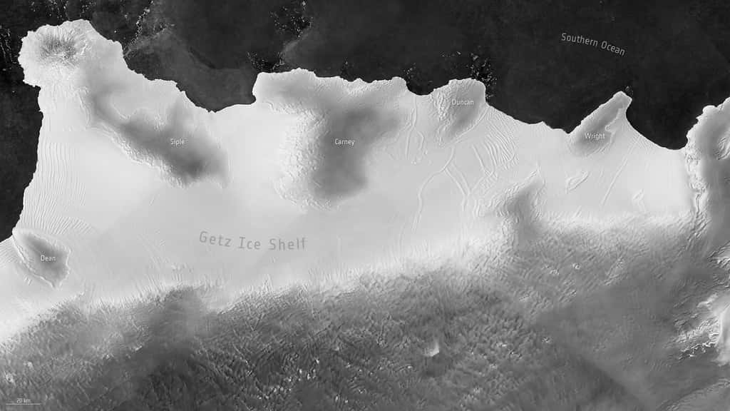 La barrière de Getz, ici, vue de l’espace, est celle qui a perdu le plus de glace depuis 25 ans. © Agence spatiale européenne