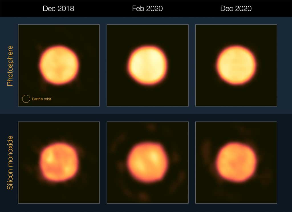 Les images du haut montrent la « surface » de Bételgeuse, sa photosphère, en réalité. Celles du bas montrent du monoxyde de silicium, une molécule qui peut agir comme une graine pour former des grains de poussière. © J. Drevon et <em>al.</em>, ESO