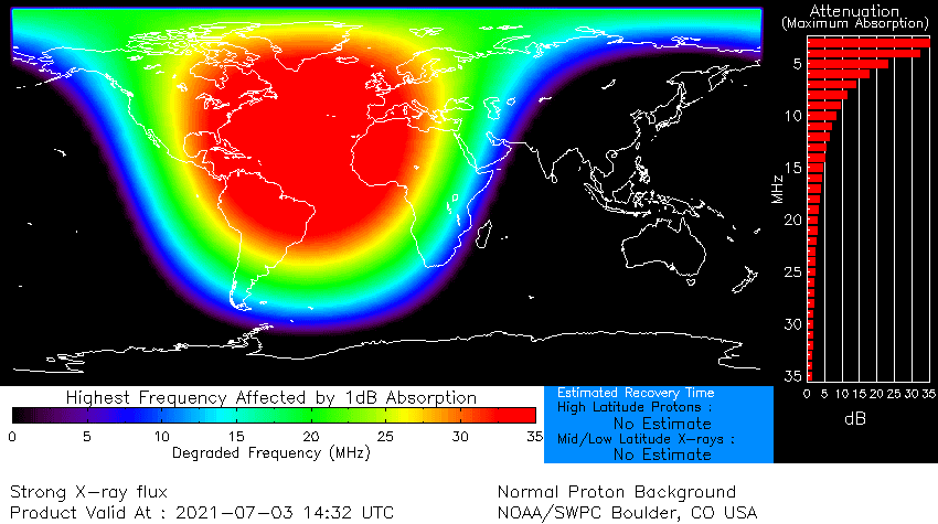 En rouge, la région perturbée par l’éruption solaire du 3 juillet. © NOAA