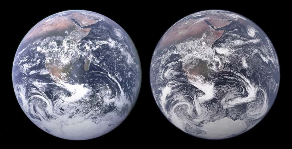 À gauche, la photo originale de <em>« Blue Marble »</em>. À droite, la simulation proposée par les chercheurs du <em>Max Planck Institute</em> (Allemagne). © Nasa, <em>Max Planck Institute</em>