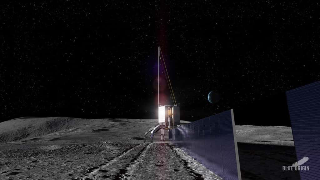 Image conceptuelle de la technologie Blue Alchimist, utilisant les ressources lunaires pour fabriquer les panneaux solaires. © <em>Photographie Courtesy of Blue Origin</em>