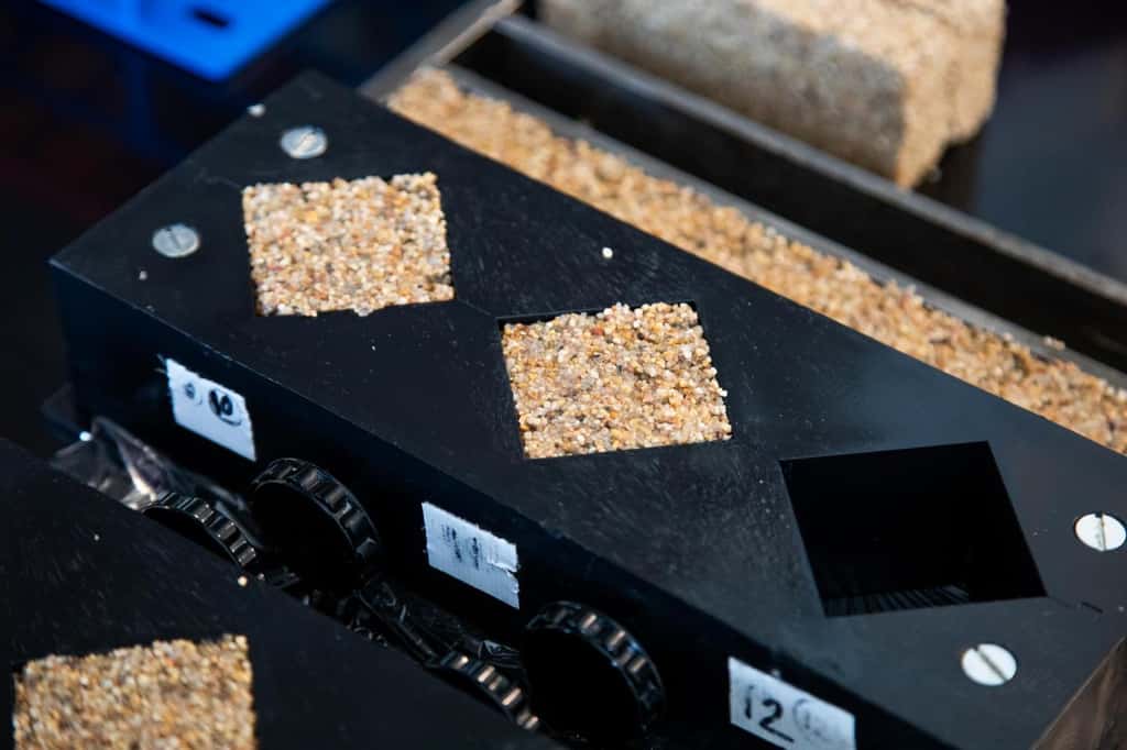 Des moules dans lesquels se fabriquent les briques vivantes des chercheurs de l’université du Colorado à Boulder (États-Unis) après que la solution contenant les cyanobactéries a été portée à 30 °C. © <em>College of Engineering and applied science</em>, <em>Colorado University Boulde</em>r
