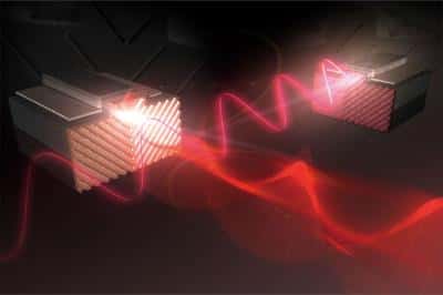 Une représentation d'artiste de lasers à cascade quantique équipés d'un polariseur plasmonique permettant de générer à volonté des faisceaux polarisés linéairement ou circulairement.  Crédit : Laboratory of Federico Capasso, Harvard School of Engineering and Applied Sciences