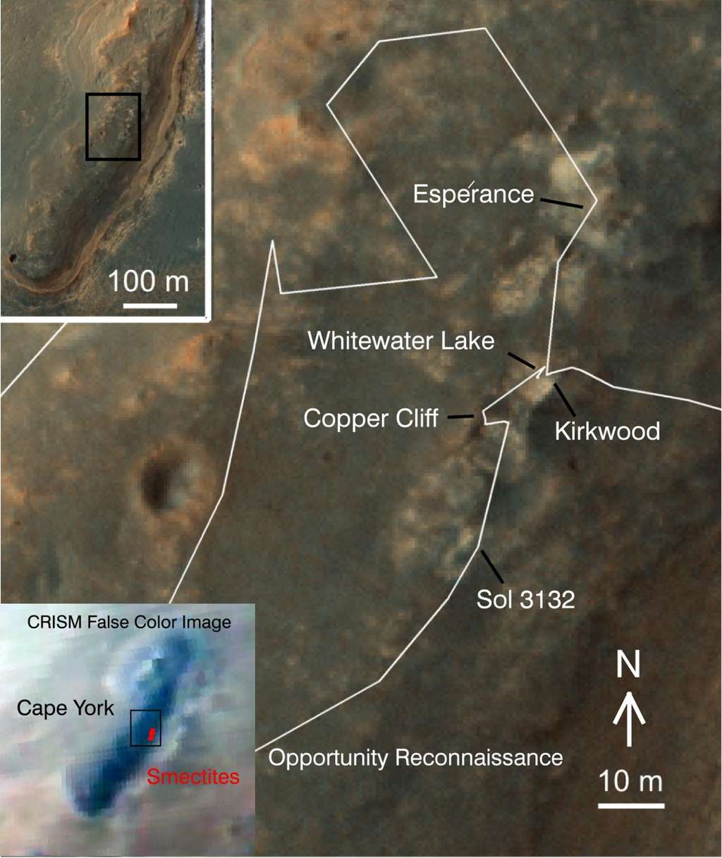 Sur la bordure ouest du cratère Endeavour, le site de Cape York, une région de Matijevic Hill, photographié par MRO (détail d'une image collectée avec la caméra HiRise). Les études réalisées avec le spectromètre Crism de l'orbiteur ont révélé la présence de minéraux argileux comme la smectite, qu'Opportunity est venu ensuite examiner durant plus de 20 mois. © Nasa, JPL-Caltech, université d’État de l’Arizona