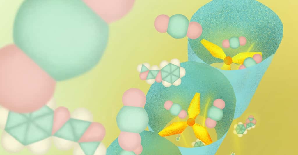 Les polymères de coordination poreux (PCP) fonctionnent comme des tamis moléculaires. Ils sont ainsi capables de reconnaître les molécules selon leur forme et leur taille. Et celui conçu par les chercheurs de l’université de Kyoto (Japon) capture le CO<sub>2</sub> de manière sélective grâce à sa structure en hélice. © Mindy Takamiya, Université de Kyoto
