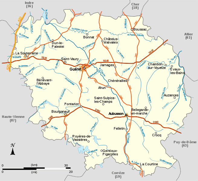 Carte détaillée de la Creuse. Le chef-lieu du département est Guéret. © LeMorvandiau, Wikipédia, GNU