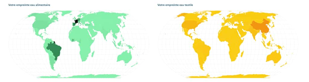 Un exemple de la façon dont se répartit l’empreinte eau alimentaire et textile dans le monde. Selon les réponses apportées au calculateur par Nathalie Mayer, la journaliste en charge de la rédaction de ce sujet. © www.mon-empreinte-eau.fr