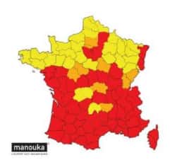 Carte du moustique-tigre en France en 2020. En rouge, moustique-tigre déclaré officiellement implanté et actif. En orange, interception ponctuelle lors des 5 dernières années. En jaune, surveillance entomologique. © Vigilance moustique