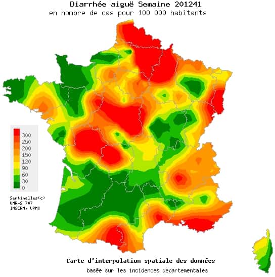 La gastroentérite arrive peu à peu en France. Certaines régions sont pour l'instant épargnées, mais la mauvaise saison ne fait que commencer... © Réseau Sentinelles