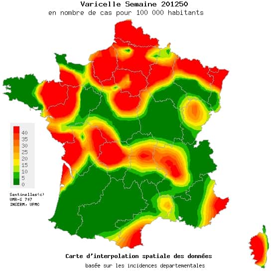 Le nord de la France subit de plein fouet l'épidémie de varicelle, tandis que certaines régions du centre et du sud sont pour l'heure épargnées. La roue pourrait tourner. © Réseau Sentinelles