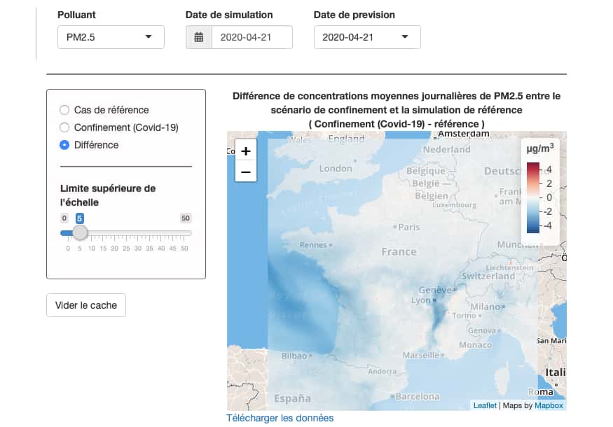 L’interface interactive de l’Institut national de l’environnement industriel et des risques (Ineris - France) permet de visualiser les prévisions de concentrations de différents polluants de l’air, avec ou sans confinement. © Ineris
