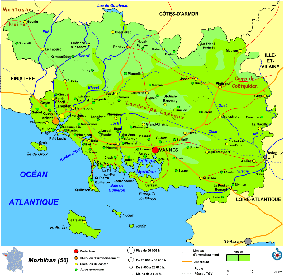 Carte du Morbihan, avec une petite carte de situation en bas à gauche. © Wikipédia, GNU 1.2